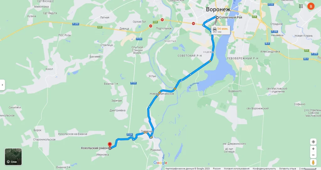 Картапроезда до Хохольского района к пруду Ивановский