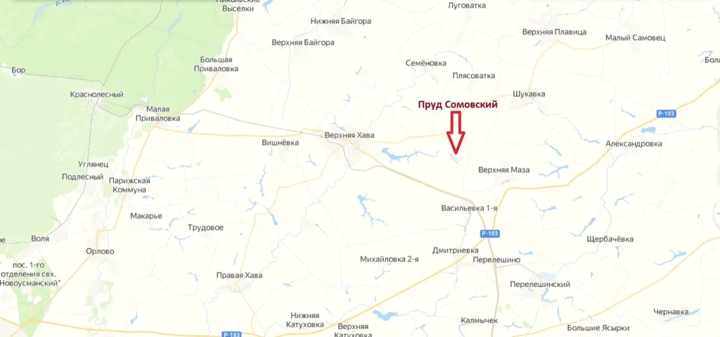 Пруд Сомовский в Верхнехавском районе. Карта