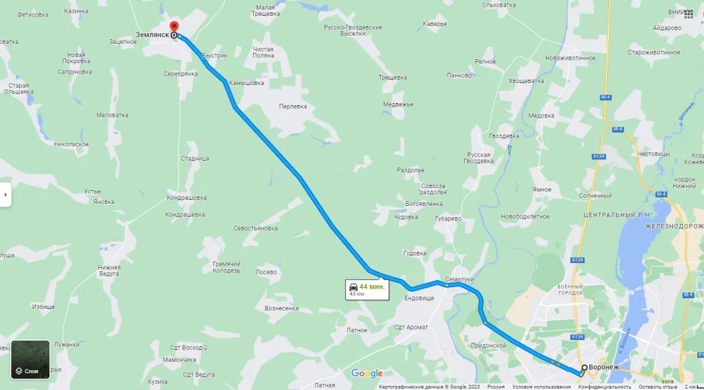 Карта проезда к пруду в Землянске