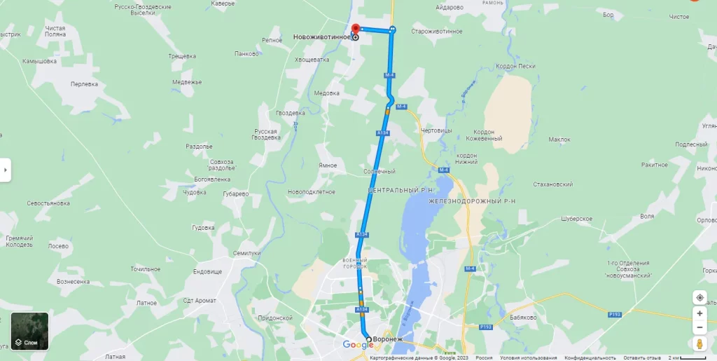 Карта проезда к пруду в Новоживотинном Рамонского района Воронежской области
